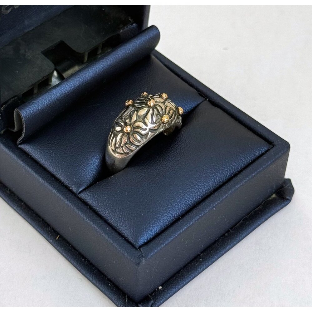 Vintage 90's 925 silver Floral Dome Ring Gold Vermeil Dots 6.4g Size 6 3/4 - Picture 9 of 12
